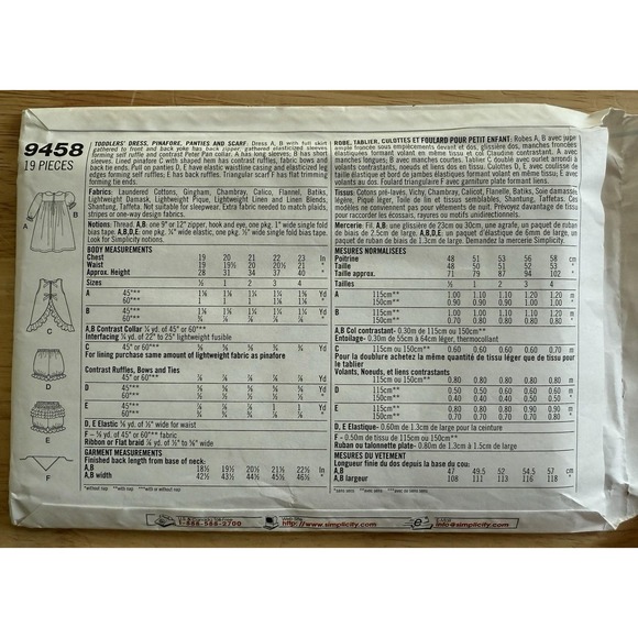 Simplicity 9458 Dress, Pinafore, Panties & Scarf Pattern Toddlers'  1/2-4 Uncut‎ - Picture 2 of 4